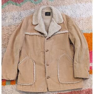Brad Whitney Carmel 1970s tan Sherpa lined corduroy jacket Vintage chore coat XL